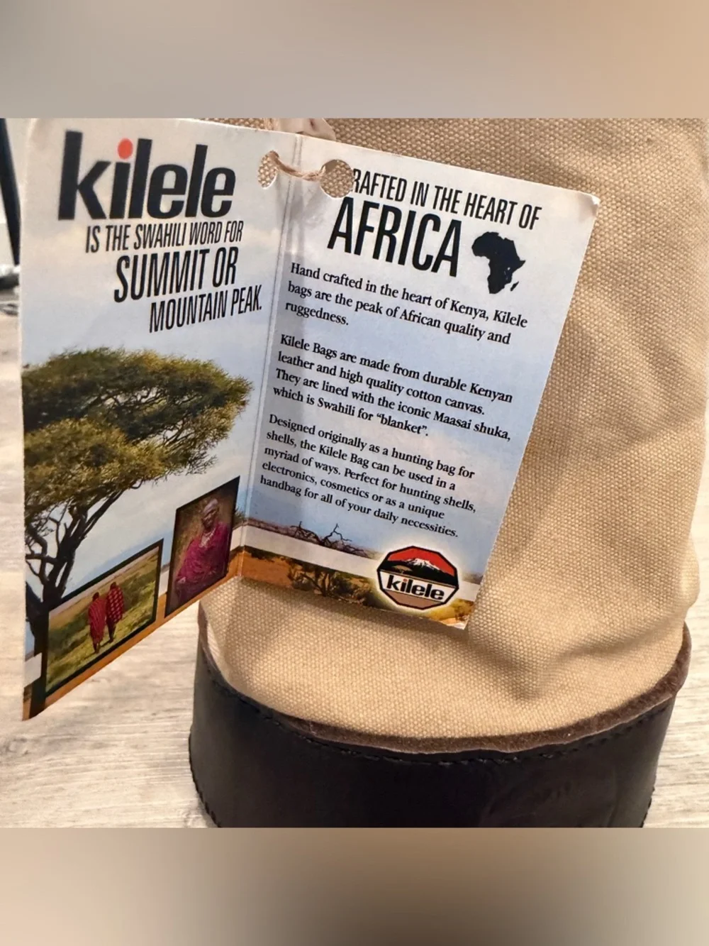 Kilele Canvas & Leather Shell Travel Bag in Beige and Brown, Interior plaid